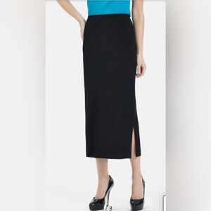 Ming Wang Black Ballerina-Length Knit Midi Skirt with Side Slit Quiet Luxury‎